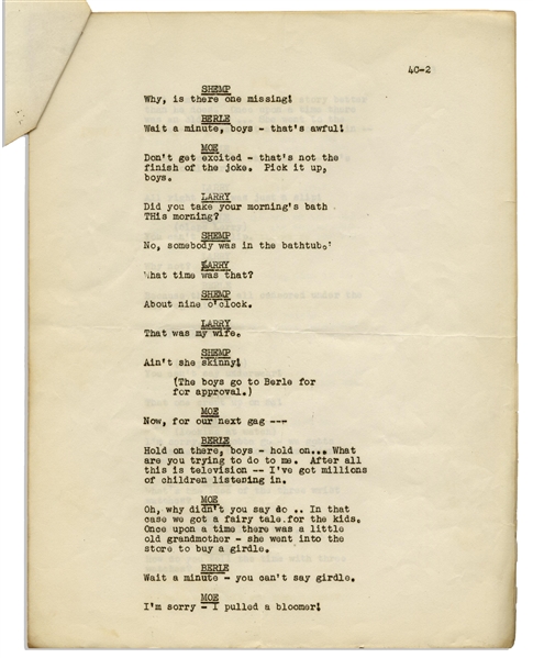 Moe Howard's 7pp. Script for an Appearance by The Three Stooges on Milton Berle's ''Texaco Star Theatre'' -- Likely for Their 10 October 1950 Appearance -- Very Good Condition